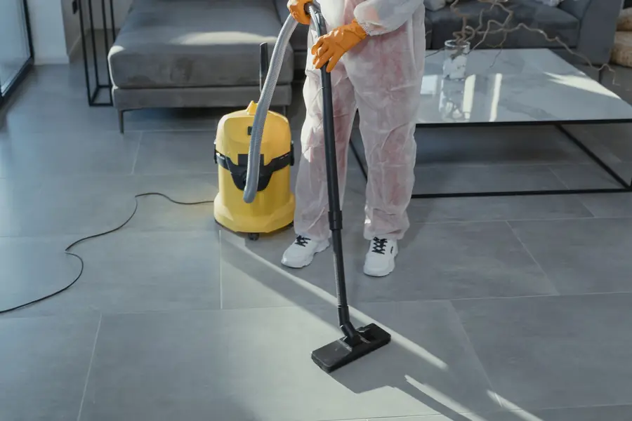 Technician in a protective suit vacuuming water off a tile floor